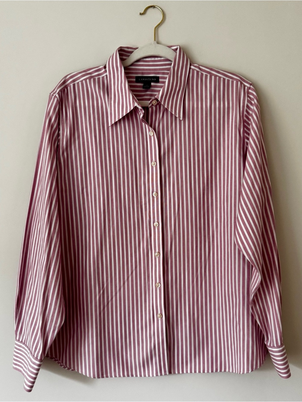 NWOT Lands’ End Striped Button Down Shirt, Pink & White – Women’s Size 16